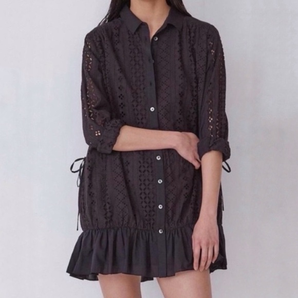 Thakoon Black Eyelet Button Up Mini Shirt Dress Ruched Sides Silk Size 0 NWT - Picture 7 of 7